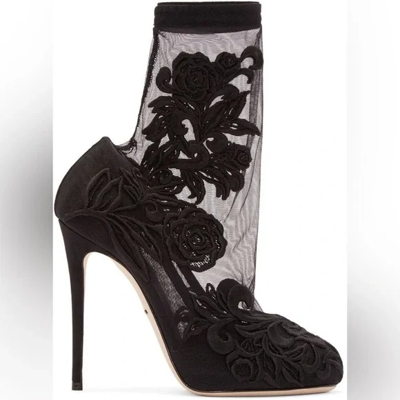 Dolce & Gabbana Embroidered Mesh Stretch-lace Sock Boots In Black - Picture 14 of 14